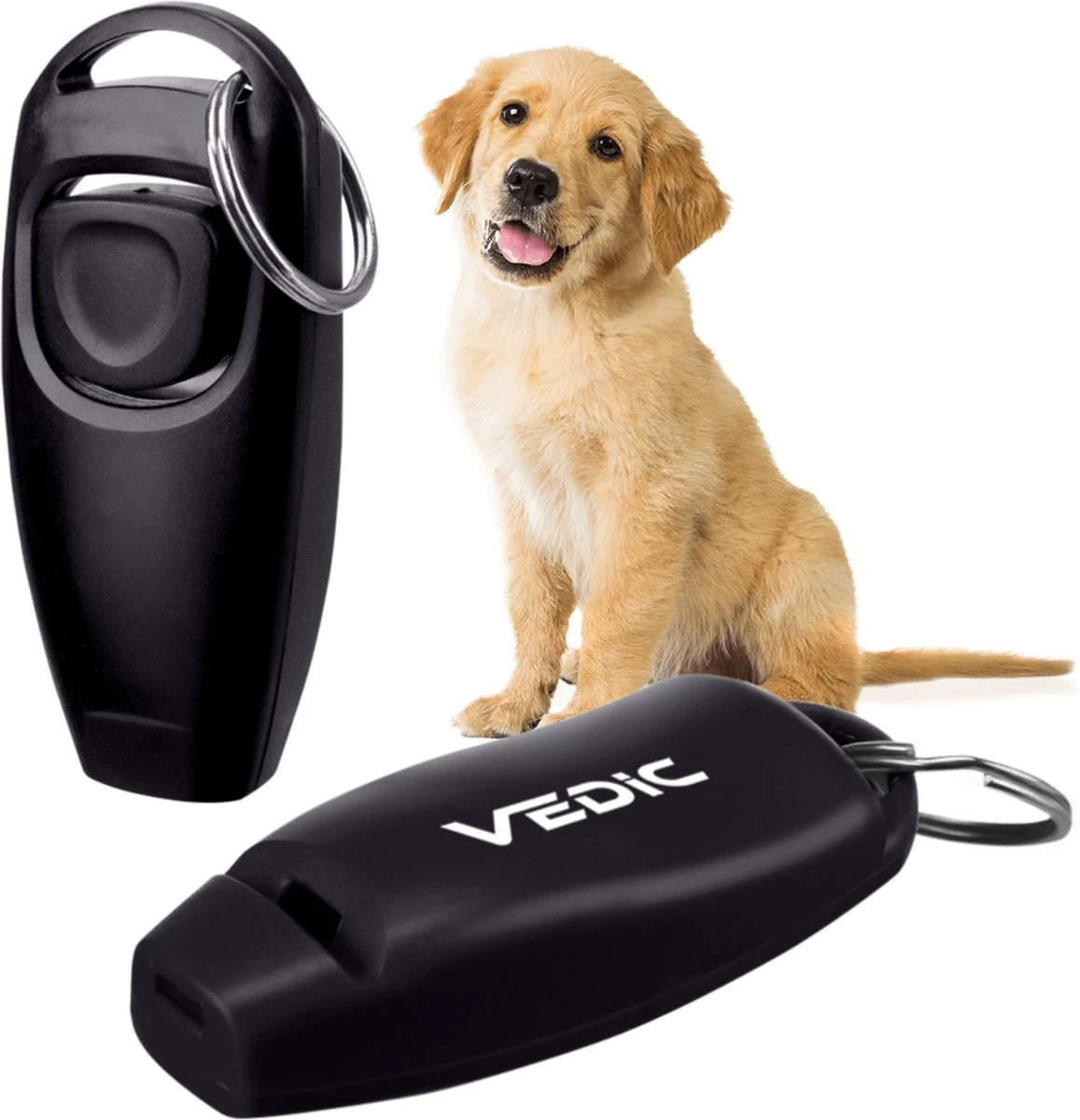 VEDIC® - Luxe Clicker Met Fluit - Clickertraining Voor Honden - Zwart - Bevestigingsring - Fluit - Hondentraining