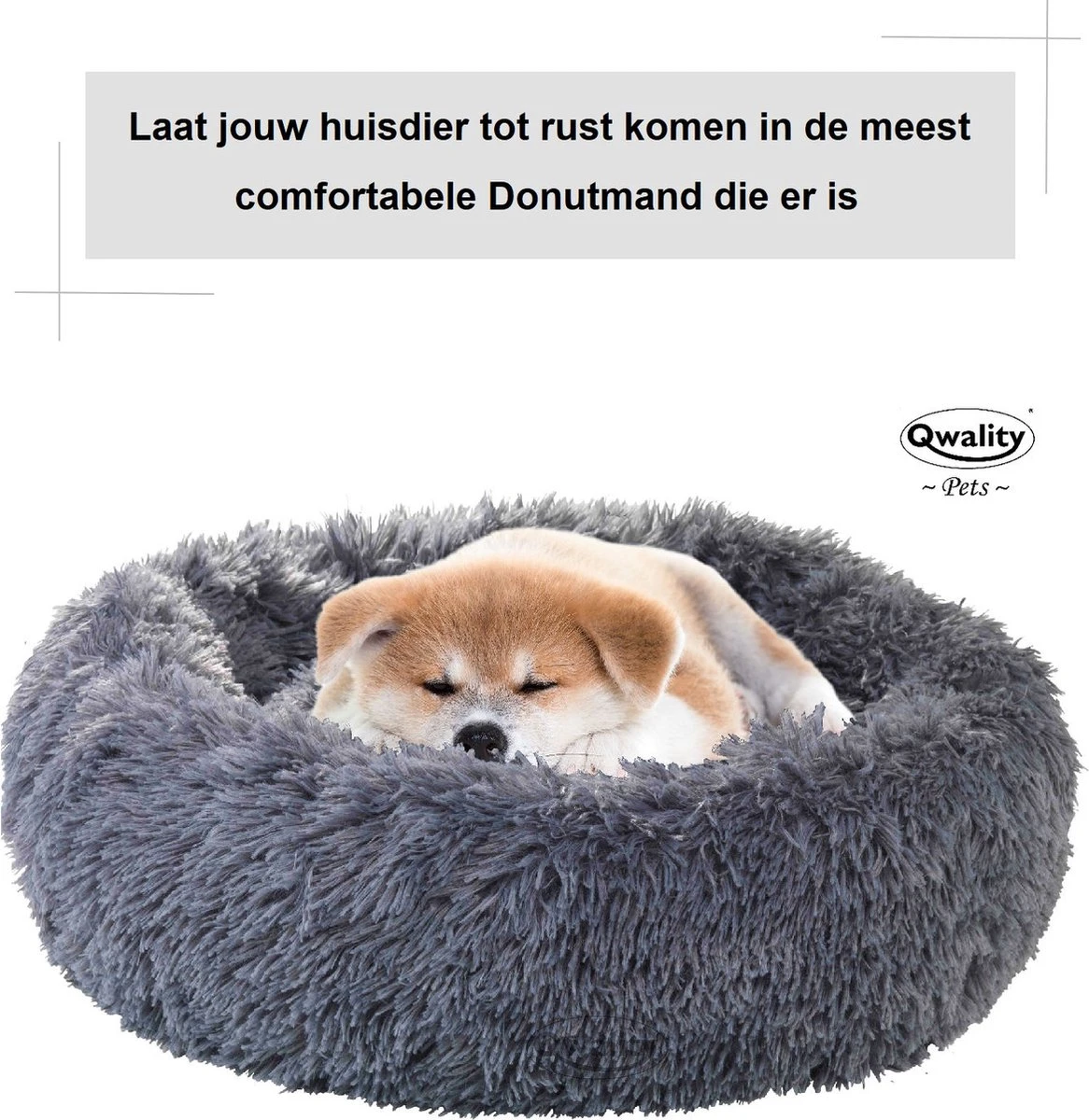 Hondenmand Donut – 60 Cm - Honden Mand – Pluche – Fluffy – Extra Zacht - Hondenkussen – Kattenkussen – Bed - Wasbaar Met Rits – Hondenmanden – Rond – Bank – Grijs - Qwality - Afbeelding 8