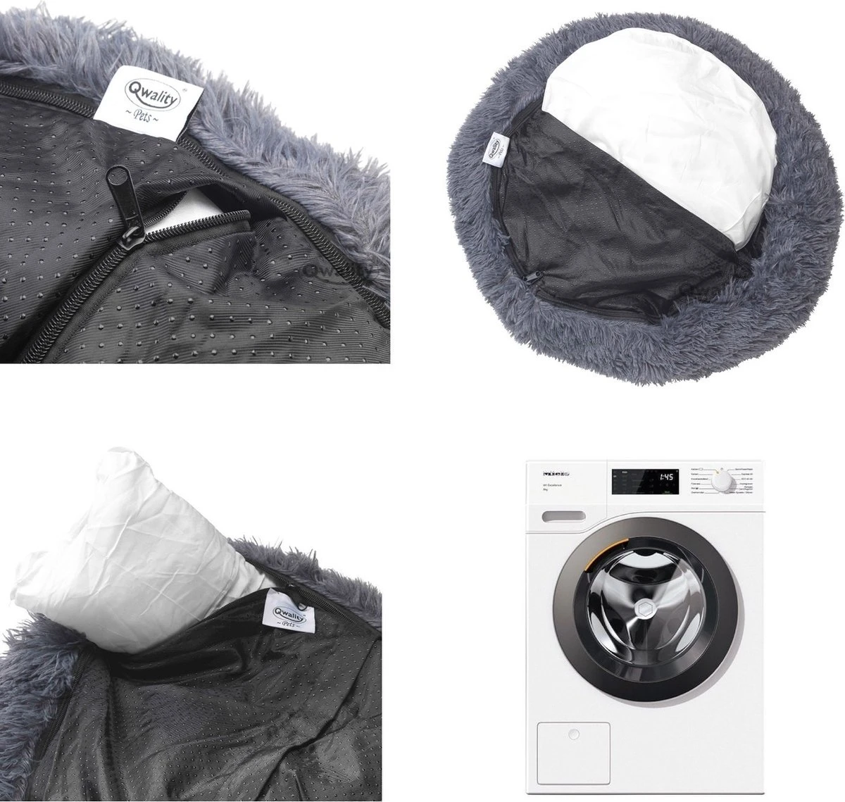 Hondenmand Donut – 60 Cm - Honden Mand – Pluche – Fluffy – Extra Zacht - Hondenkussen – Kattenkussen – Bed - Wasbaar Met Rits – Hondenmanden – Rond – Bank – Grijs - Qwality - Afbeelding 4