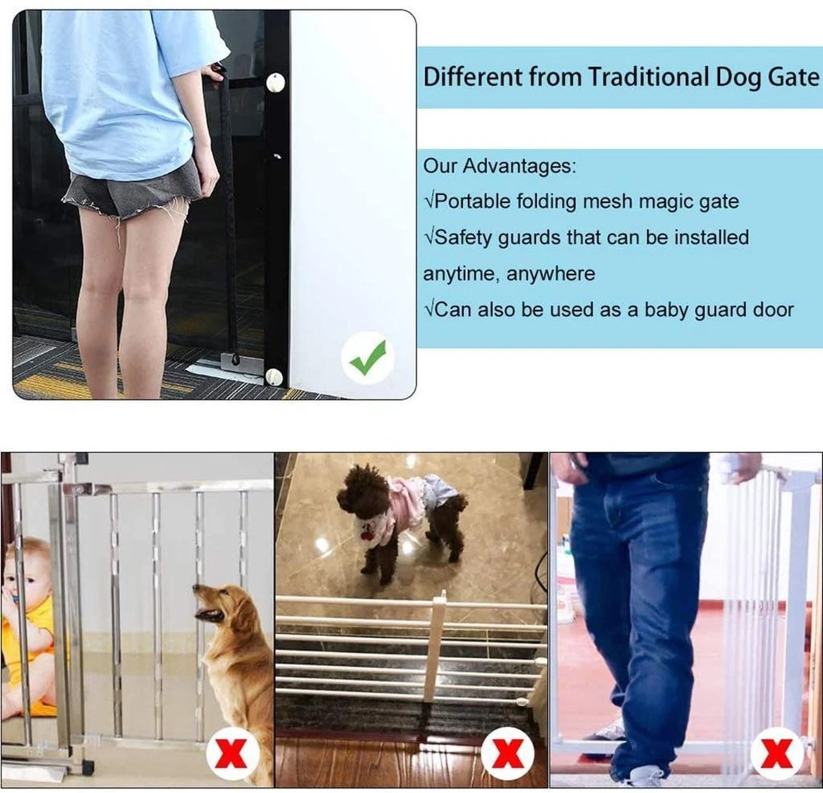 Merkloos ACE Pets – Oprolbaar Hondenrek Voor Binnen - Traphekje Hond Zonder Boren - Veiligheidshek Deurhekje - 180 X 72 Cm - Zwart - Afbeelding 4