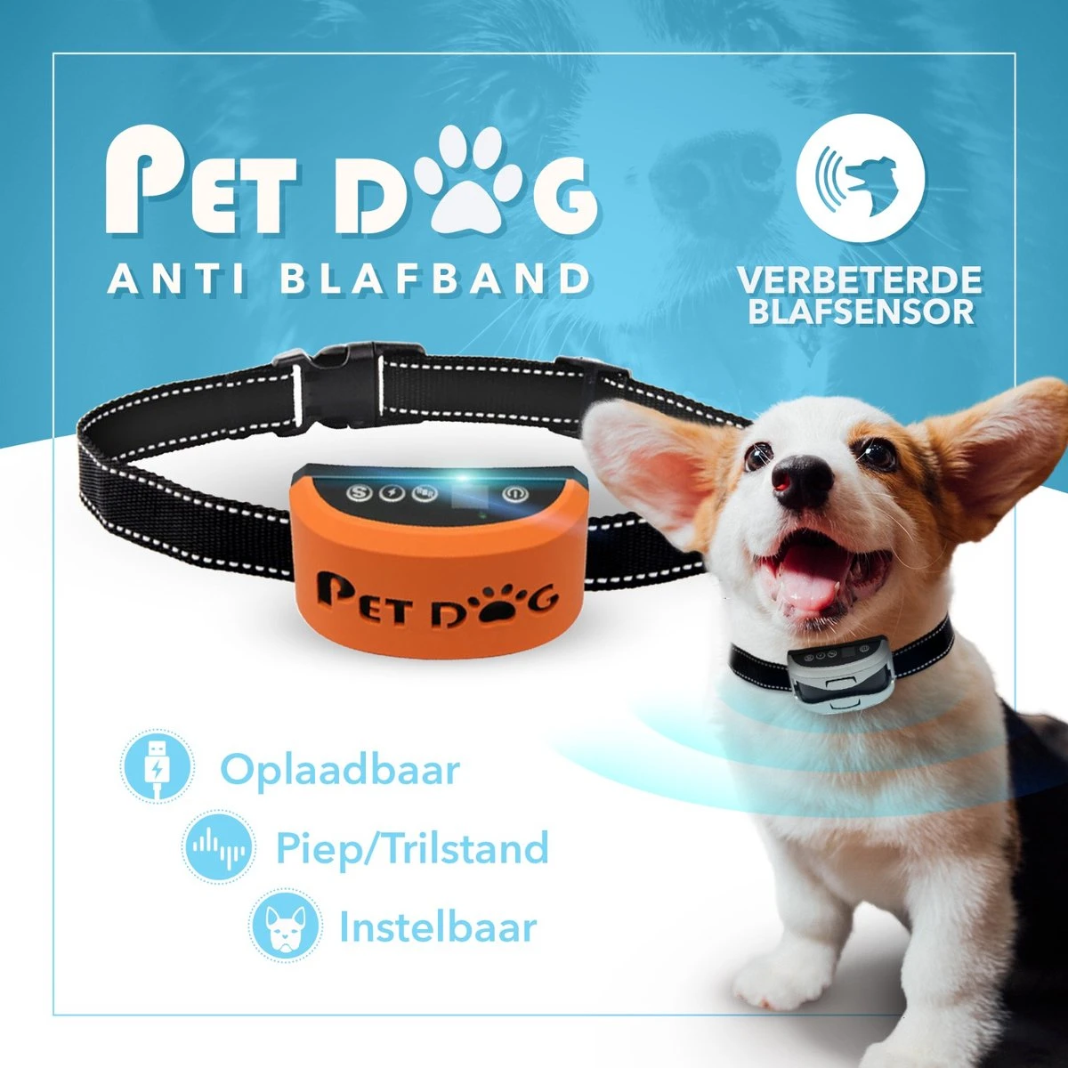 PET DOG® | Anti Blafband Voor Honden | 3 T/m 60 Kg | Oplaadbaar | Anti Blaf Band | Trainingsband | Vibratie En Geluid | Diervriendelijk | Shock Aan/uit Instelbaar