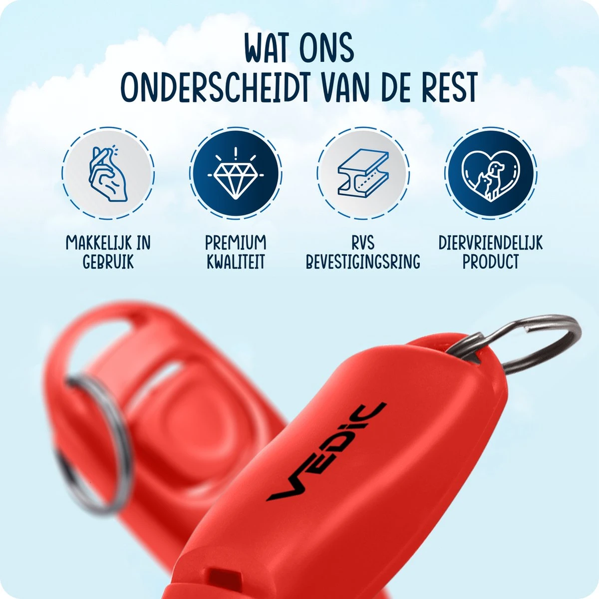 VEDIC® - Luxe Clicker Met Fluit - Clickertraining - Rood - Bevestigingsring - Fluit - Hondentraining - Afbeelding 3