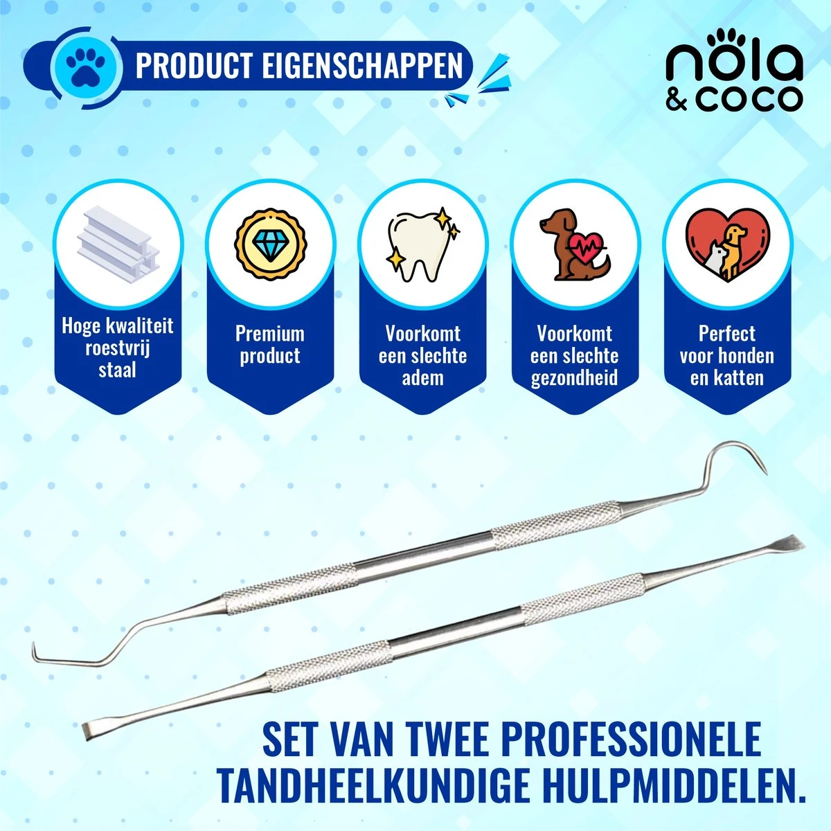 Nola & Coco® Tandsteen Verwijderaar Set Inclusief Bewaardoosje - Tandenkrabber - Set Van Twee - Hond - Kat - Tandenborstel - Tandplak Verwijderen - Tandenstoker - Honden Tanden Schoonmaken - Tandenhaakje - Gebitsreiniging - Afbeelding 2