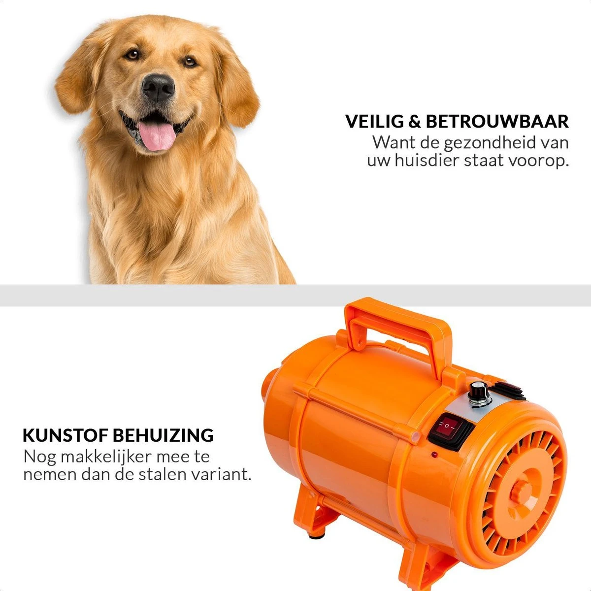 Krachtige Hondenföhn/ Waterblazer Met Draaiknop Om Overtollig Water En Stof Snel Uit De Vacht Te Blazen | Verstelbare Vermogen Standen (500W Tot 2200W) En Verstelbare Temperatuur - Type B Oranje - Afbeelding 6