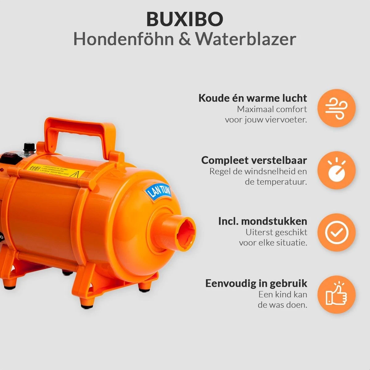 Krachtige Hondenföhn/ Waterblazer Met Draaiknop Om Overtollig Water En Stof Snel Uit De Vacht Te Blazen | Verstelbare Vermogen Standen (500W Tot 2200W) En Verstelbare Temperatuur - Type B Oranje - Afbeelding 8