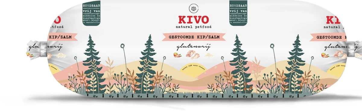 Kivo Petfood Houdbare Worst 12 X 600 Gram Kip & Zalm - Zacht Gestoomd Vlees - Glutenvrij Zonder Andere Fratsen
