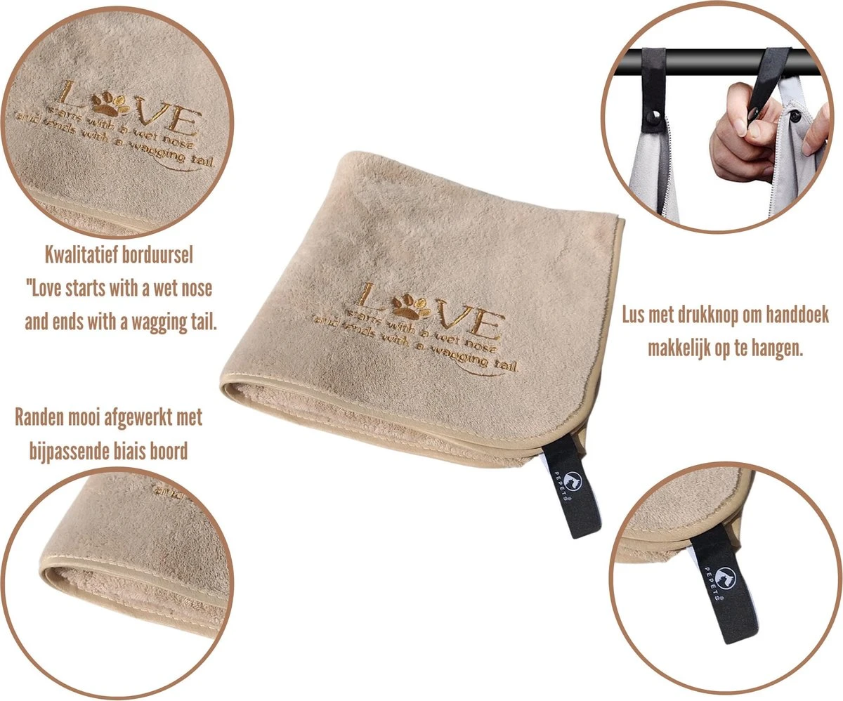 Pepets© – Hondenhanddoek – Honden Handdoek – Microvezel Handdoek – Handdoek Hond – Hondendeken – Droogdoek Hond – Dierendeken – Absorberend – 100*50CM - Beige - GRATIS Zonnebril - Afbeelding 2
