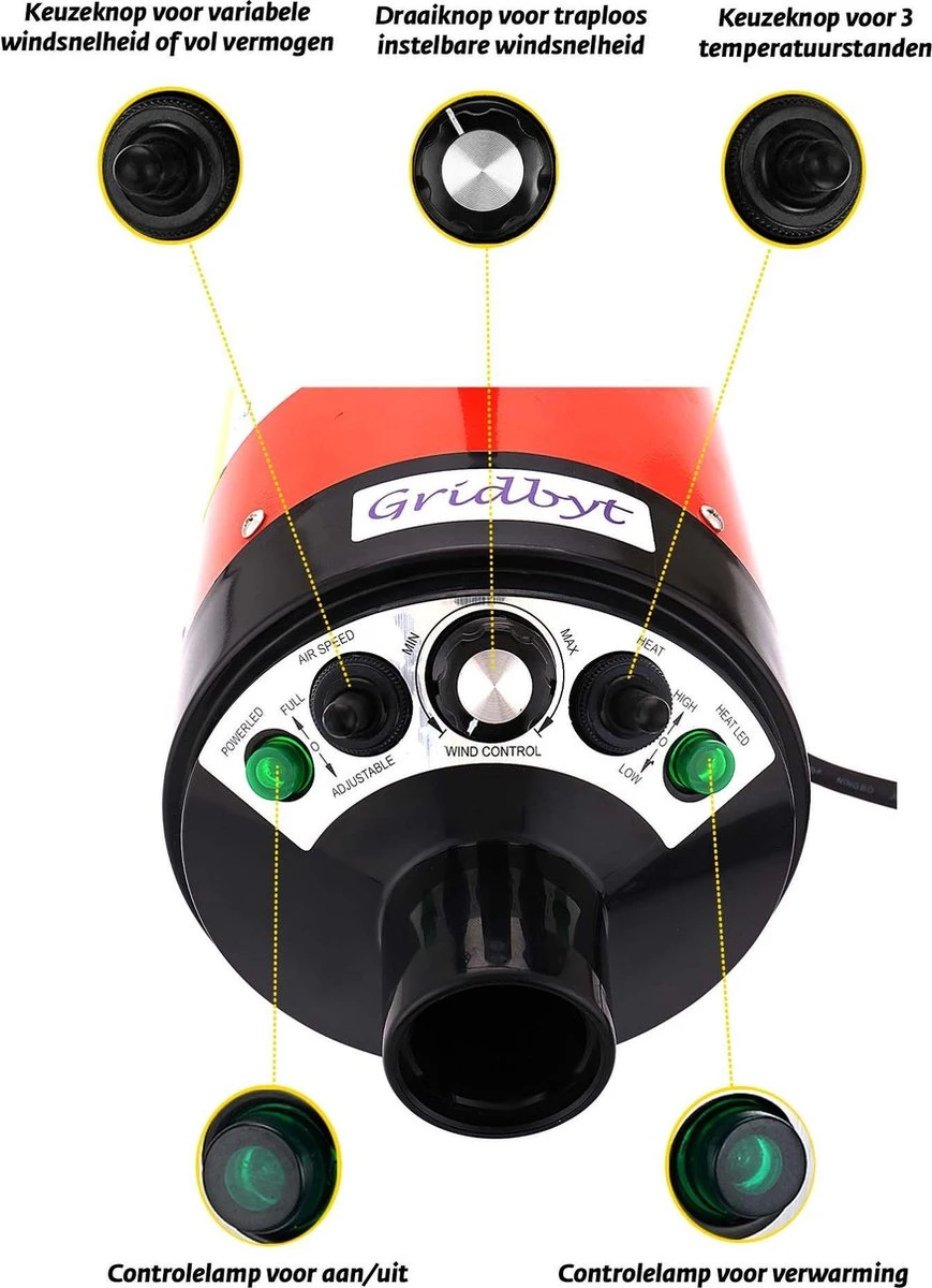 Gridbyt Professionele Hondenföhn – Waterblazer Voor Honden – Voor Een Mooie Vacht – Rood - Afbeelding 2